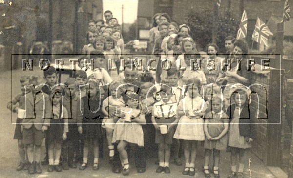Victory in Europe V.E. Day, street party, in Smith Street, Scunthorpe, on 9 May 1945. 
