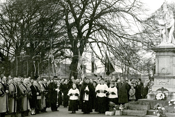 Mayor Gerard McQuade at a Rememberance Service at the Scunthorpe War Memorial, located outside North Lincolnshire Museum on Oswald Road, c.1957-1958.