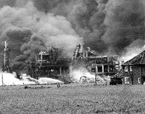 Close up of fire at Nypro Chemical Works, following the explosion in 1974	
