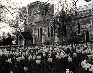 Spring time view of St. Lawrence's Parish church, Scunthorpe looking north west in the 1990's 	