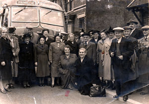 Old Age Pensioners' trip to Cleethorpes from the Sunshine Hall in Ashby, Scunthorpe, in the mid 1950's 	