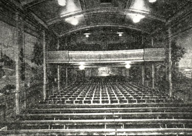 Interior of the Jubilee Cinema, Laneham Street, Scunthorpe, in 1933, looking at the balcony from the stage. 	